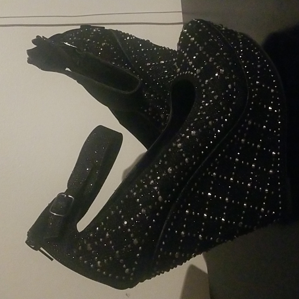 Black rhinestone embellished wedges